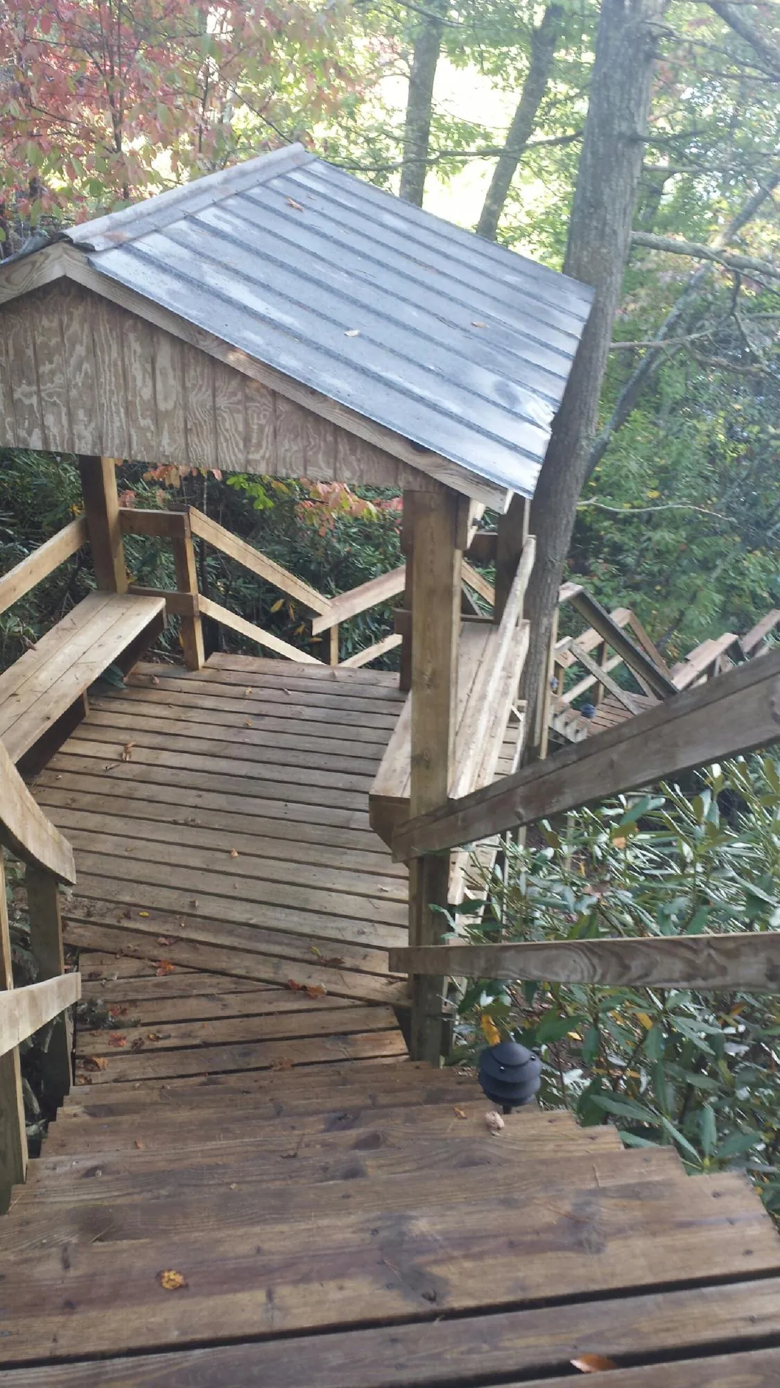 Metal roofed shelter over wooden steps on a wooded walkway — Skylight Repair & Installation work by our crew in Joice